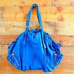 Vintage Hype Blue Leather Studded Oversized Hobo Shoulder Bag